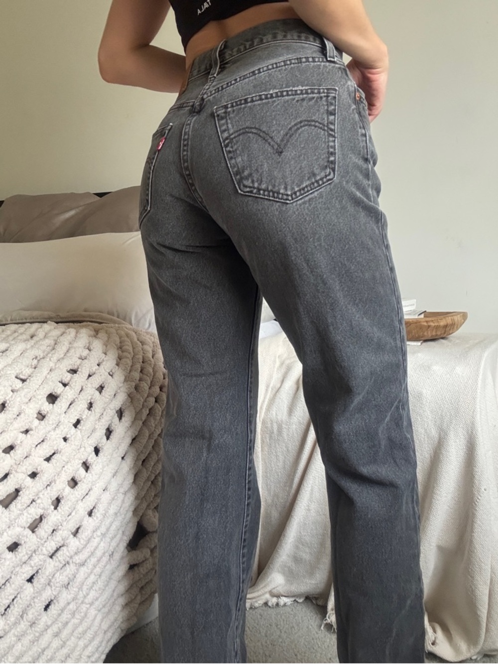 Levi’s 501 Dark Grey High-Rise Distressed Straight Leg Jeans